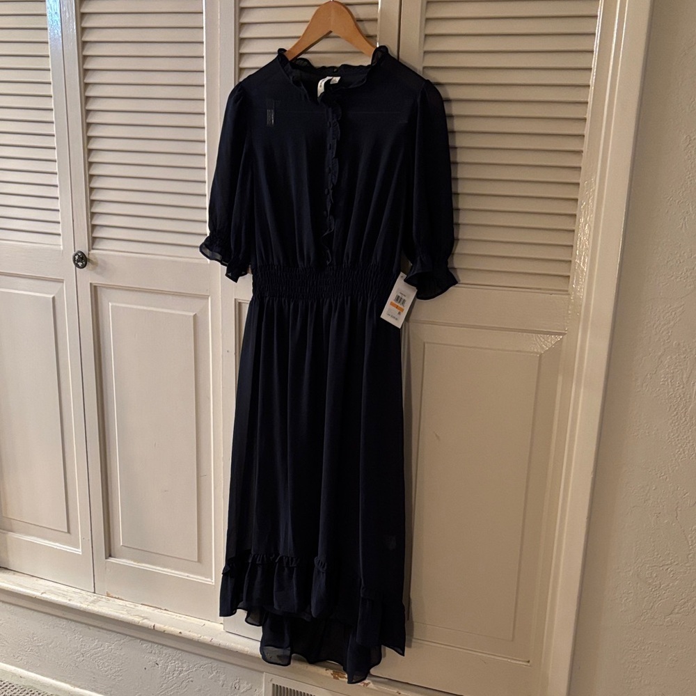 Kensie Dark Blue Long Dress Small Cottagecore Office Gauzy Ruffles New with Tags